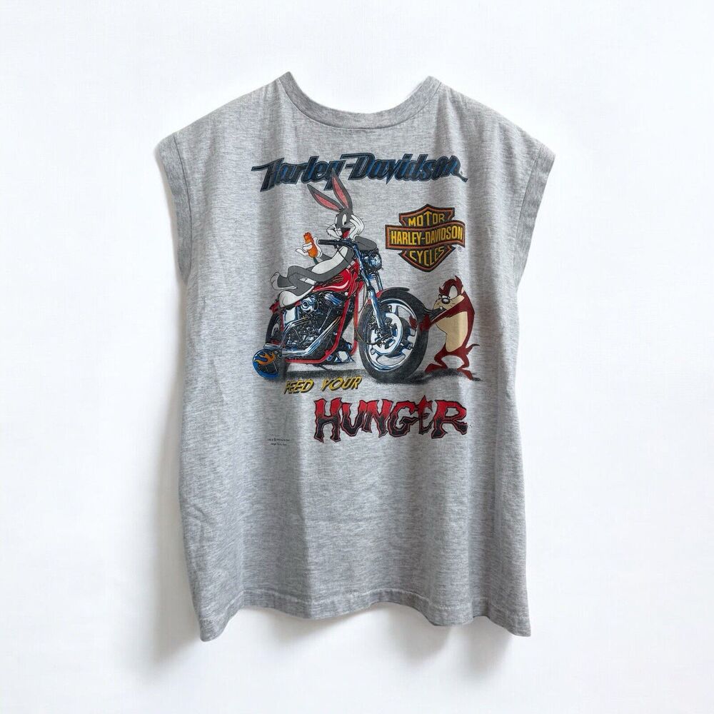 Vintage Harley Davidson Taz Bugs Bunny Feed Your Hunger Warner Bros 90s Shirt L